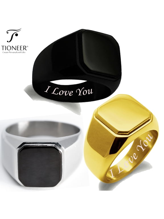 Stainless Steel Silver Gold Black Square Biker Style Flat Top Signet Ring I Love You Engraved FREE Top Engrave