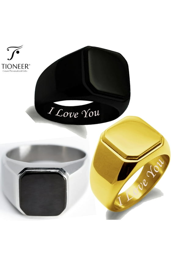 Stainless Steel Silver Gold Black Square Biker Style Flat Top Signet Ring I Love You Engraved FREE Top Engrave