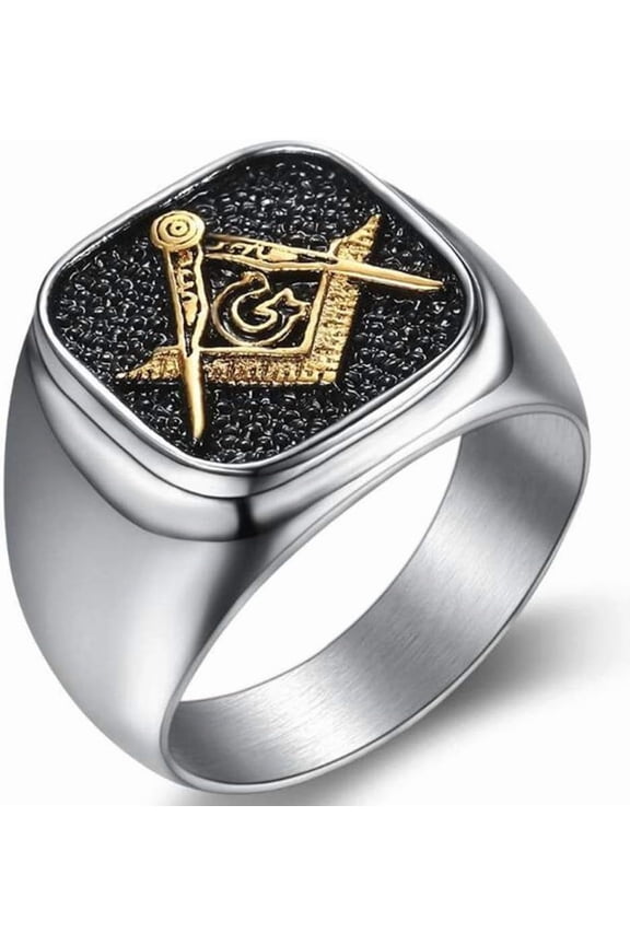 Stainless Steel Silver Gold Two Tone Signet Style Masonic Freemason Ring