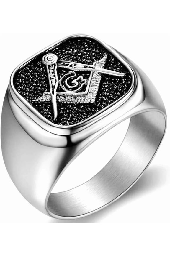 Stainless Steel Silver Gold Two Tone Signet Style Masonic Freemason Ring