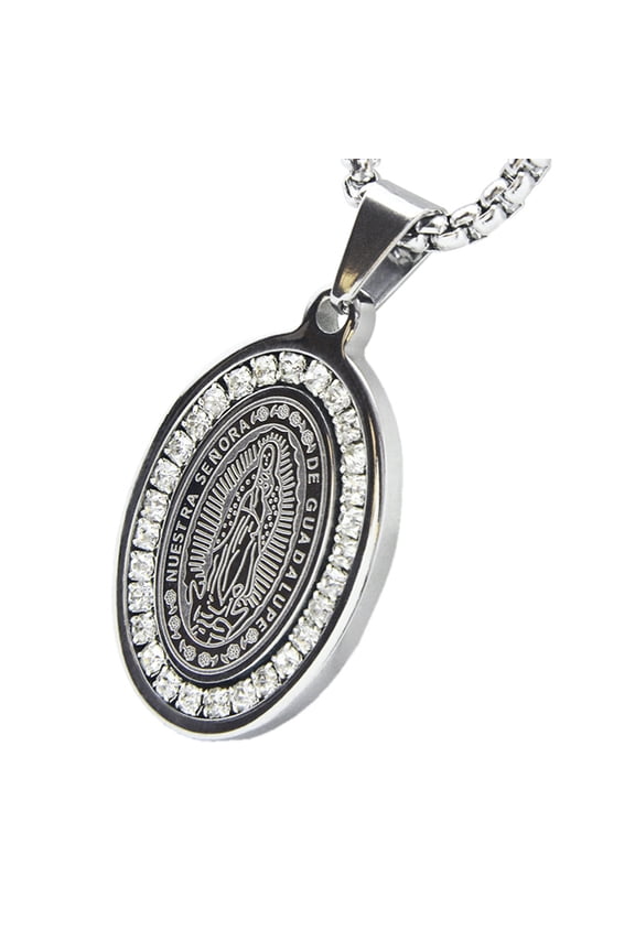 Stainless Steel Silver Plated Iced CZ Virgin Mary Guadalupe Pendant, 24" Box Chain SCP152S