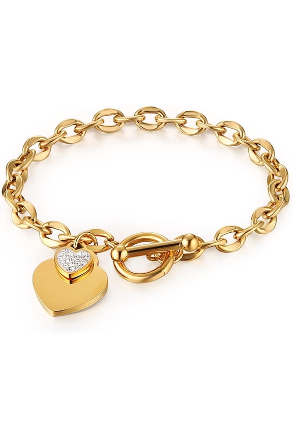 Stainless Steel Silver/Rose/18K Gold Plated Zircon Heart Bracelet For Women Romantic Gift Toggle Clasp Link Bracelets[o4890]