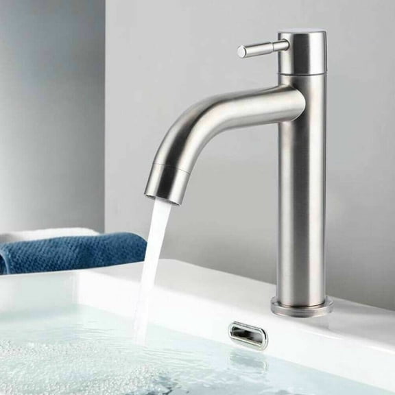 Stainless Steel Silver Single Cold Sink Faucet Bathroom Counter Basin Faucet