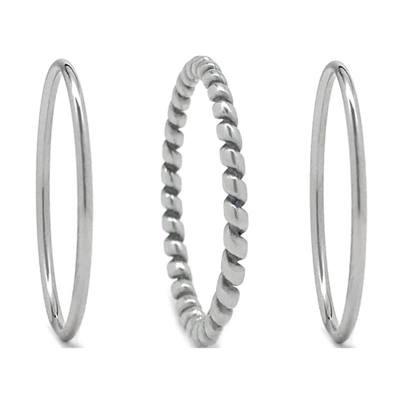 Stainless Steel Silver Thin Stacking Ring Set of 3 Plain Round and Textured - Size 4