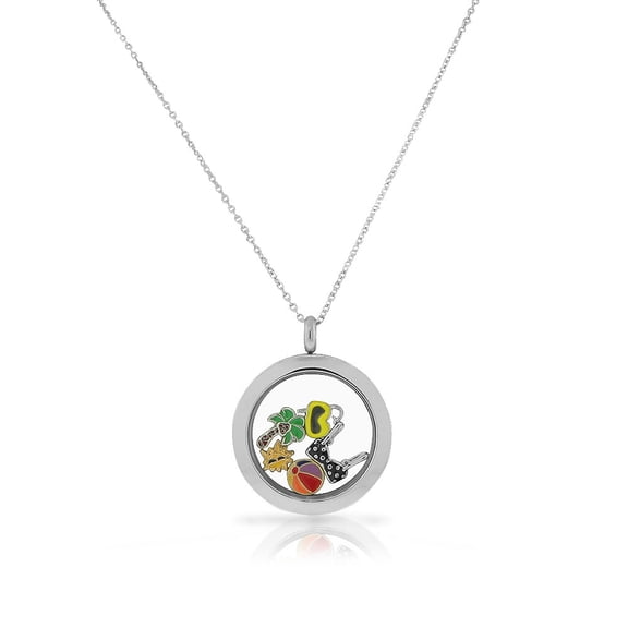 Stainless Steel Silver-Tone Beach Palm Tree Locket Pendant Necklace - Charms Included