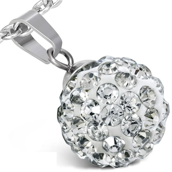 Stainless Steel Silver-Tone Bead Ball White Cubic Zirconia Pendant Necklace