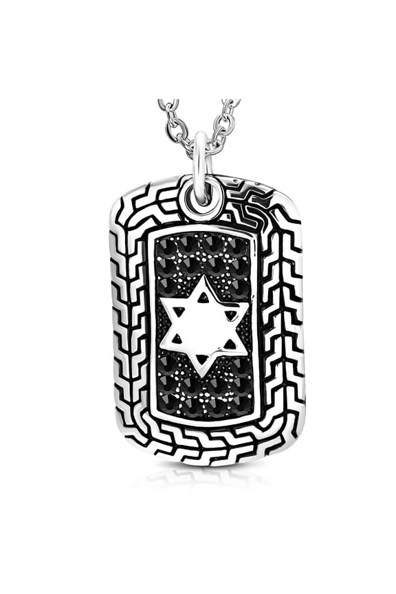 Stainless Steel Silver-Tone Black CZ Jewish Star of David Dog Tag Mens Pendant Necklace, 24"
