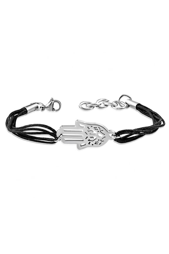 Stainless Steel Silver-Tone Black Cord Hamsa Hand Good Luck Bracelet