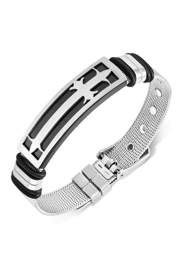 Stainless Steel Silver-Tone Black Cross Mesh Watch-Style Adjustable Bracelet, 8"