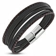 thumbnail image 1 of Stainless Steel Silver-Tone Black Faux Leather Wristband Layer Bracelet, 8", 1 of 2