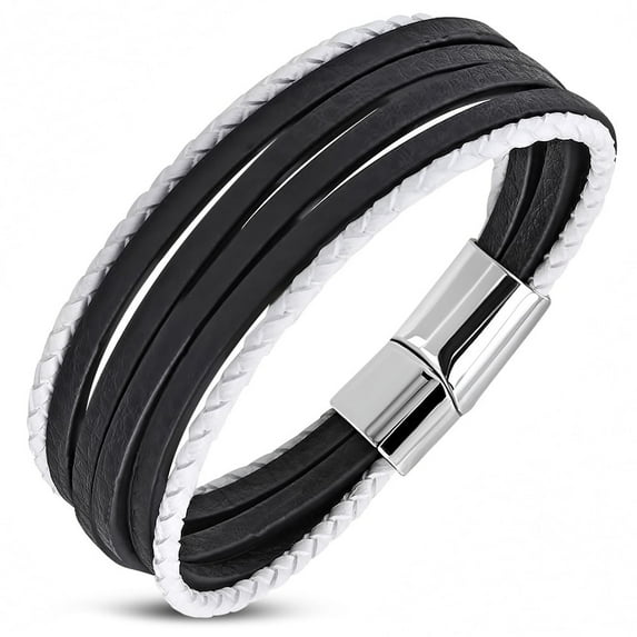 Stainless Steel Silver-Tone Black Faux Leather Layer Bracelet, 8"