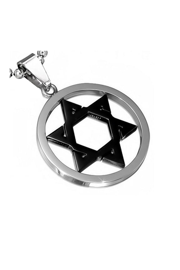 Stainless Steel Silver-Tone Black Jewish Star of David Charm Pendant Necklace with Chain, 24"