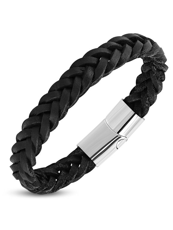 Stainless Steel Silver-Tone Black Leather Braided Wristband Bracelet, 8.75"