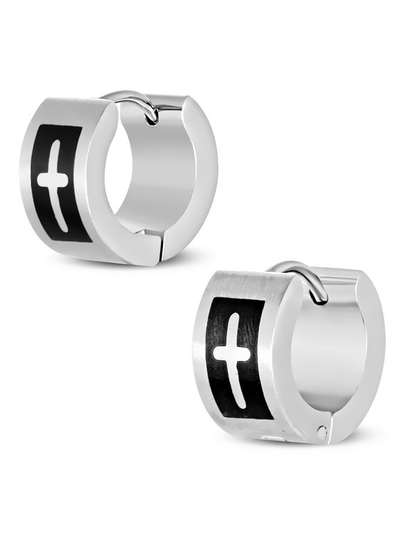 Stainless Steel Silver-Tone Black Religious Latin Cross Hoop Huggie Earrings, 0.5"