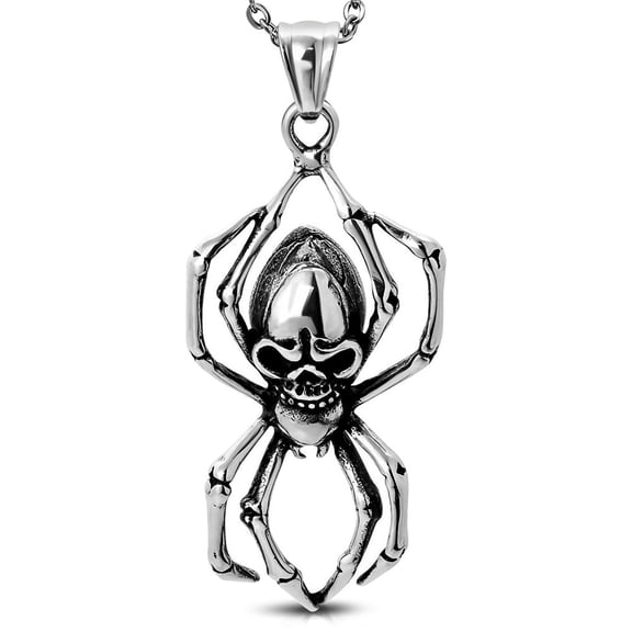 Stainless Steel Silver-Tone Black Spider Skull Pendant Necklace, 22"