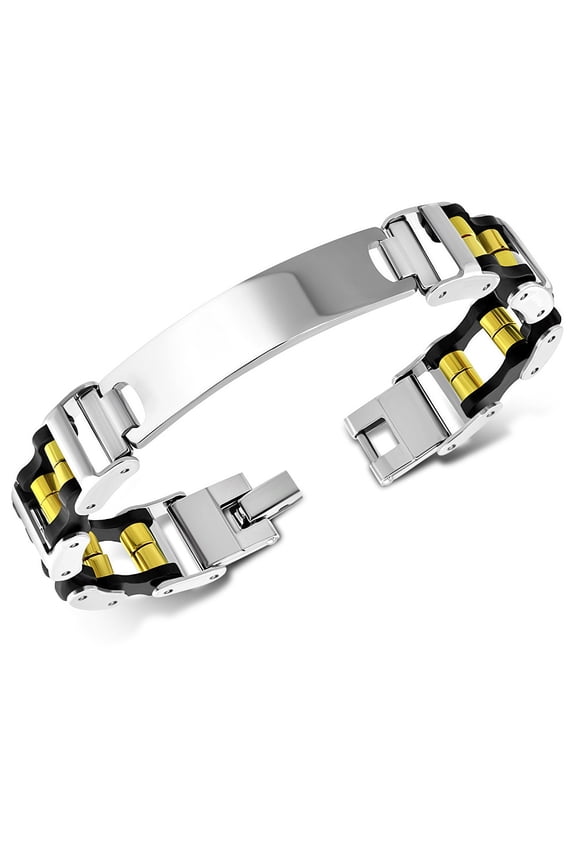 Stainless Steel Silver-Tone Black Yellow Gold-Tone ID Name Tag Men's Link Bracelet, 8"