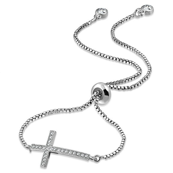 Stainless Steel Silver-Tone CZ Religious Cross Adjustable Chain Bracelet