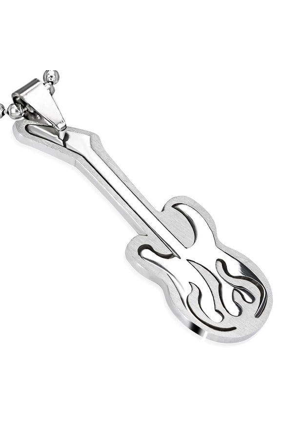 Stainless Steel Silver-Tone Electric Guitar Pendant Necklace, 24"