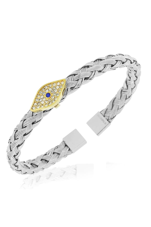 Stainless Steel Silver-Tone Evil Eye Protection Open End Bangle Bracelet, 7.5"