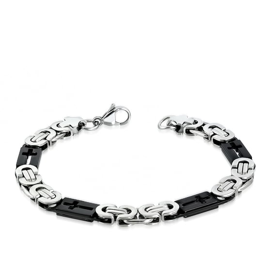 Stainless Steel Silver-Tone Gold-Tone Black Religious Cross Men's Bracelet, 9"