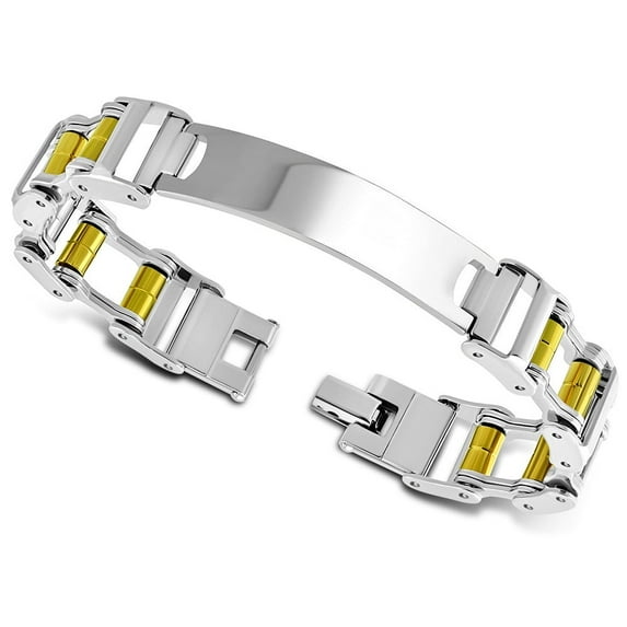 Stainless Steel Men's Link Name Tag ID Medical ID Bracelet, Silver-Tone Gold-Tone