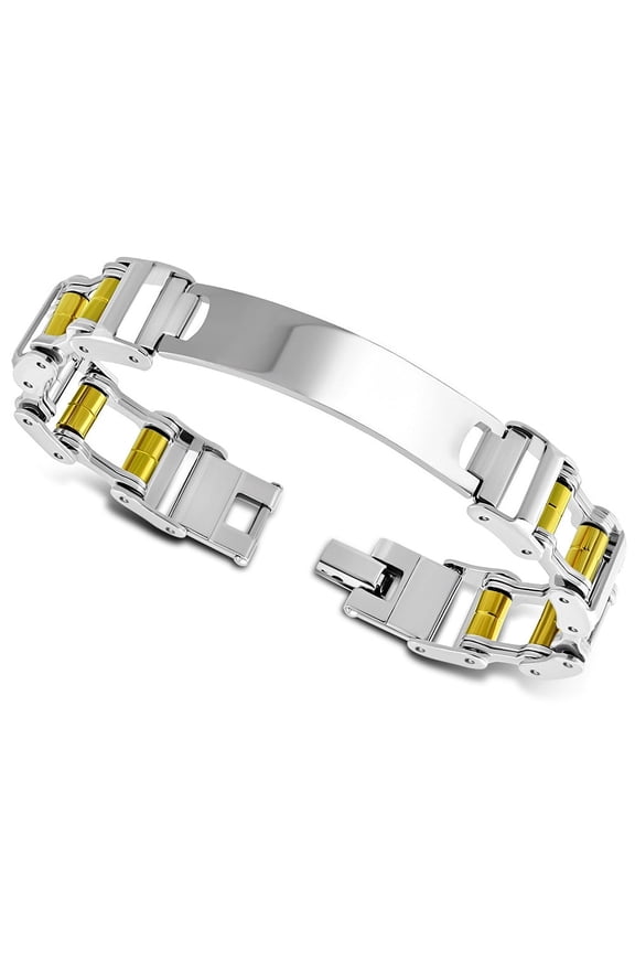 Stainless Steel Men's Link Name Tag ID Medical ID Bracelet, Silver-Tone Gold-Tone