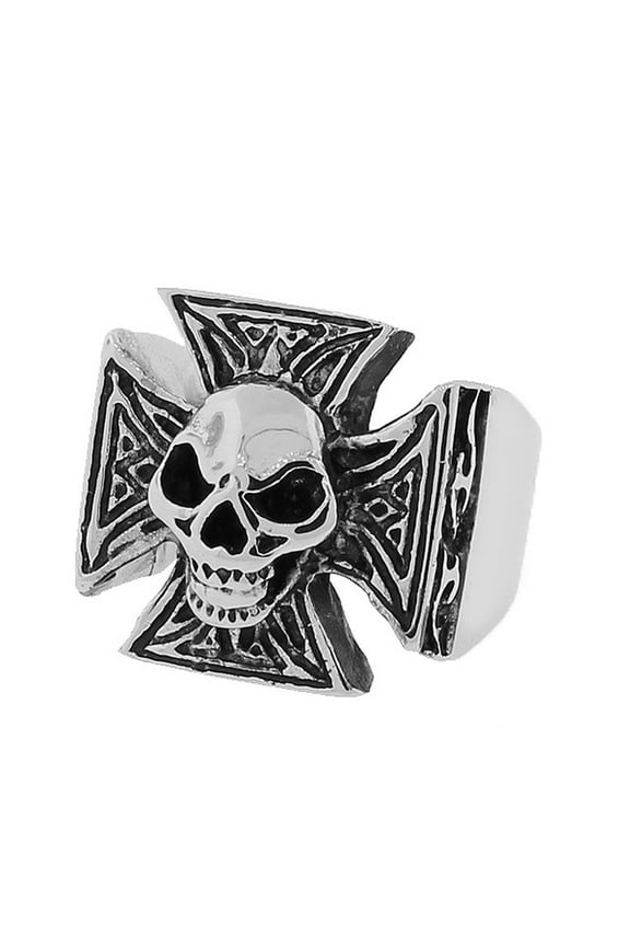 Stainless Steel Silver-Tone Gothic Cross Skull Statement Mens Ring Band - Size 8