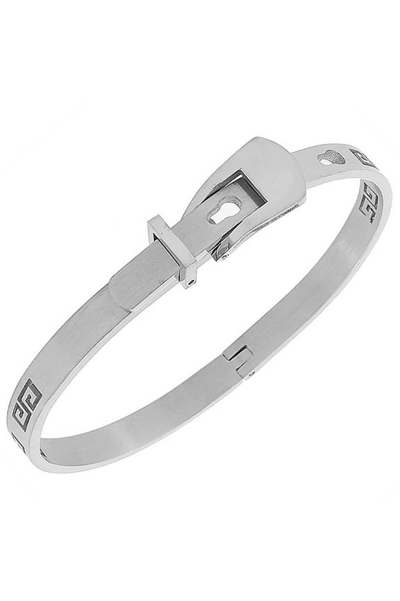 Stainless Steel Silver-Tone Greek Key Belt Buckle Bangle Bracelet