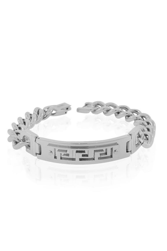 Stainless Steel Silver-Tone Greek Key Link Chain Mens Bracelet