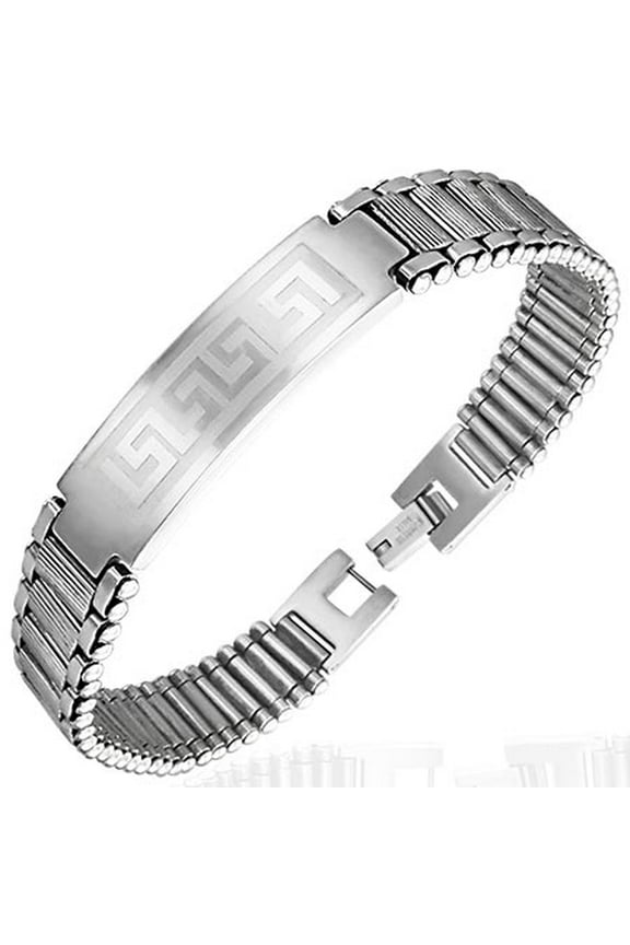 Stainless Steel Silver-Tone Greek Key Mesh Link Chain Bracelet