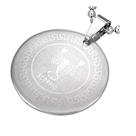 Stainless Steel Greek Key Zodiac Scorpio Sign Necklace Pendant, 24"