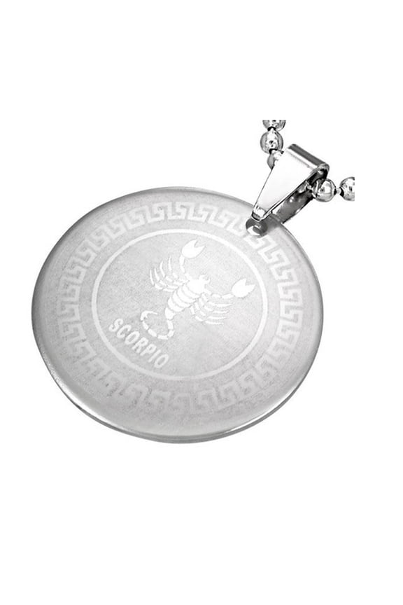 Stainless Steel Greek Key Zodiac Scorpio Sign Necklace Pendant, 24"