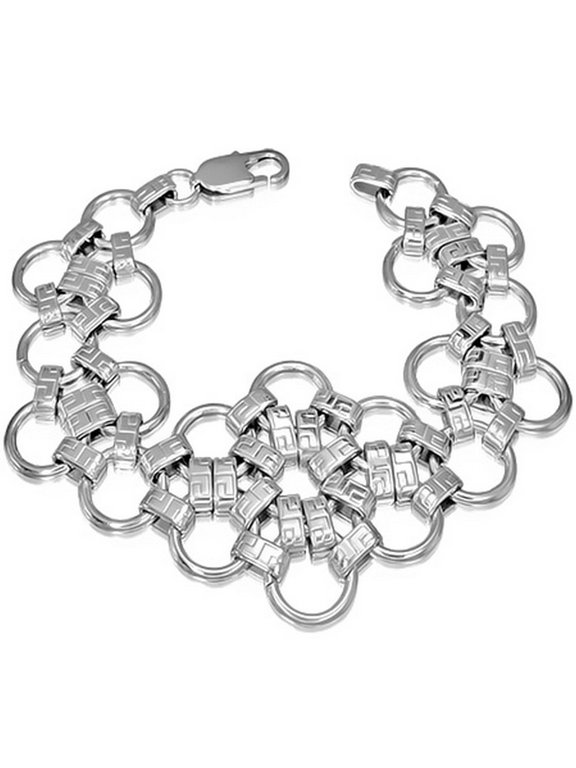 Stainless Steel Silver-Tone Interlocking Circles Womens Wide Chain Mesh Bracelet