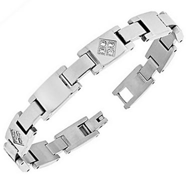 Stainless Steel Silver-Tone Link Chain White Round CZ Mens Bracelet
