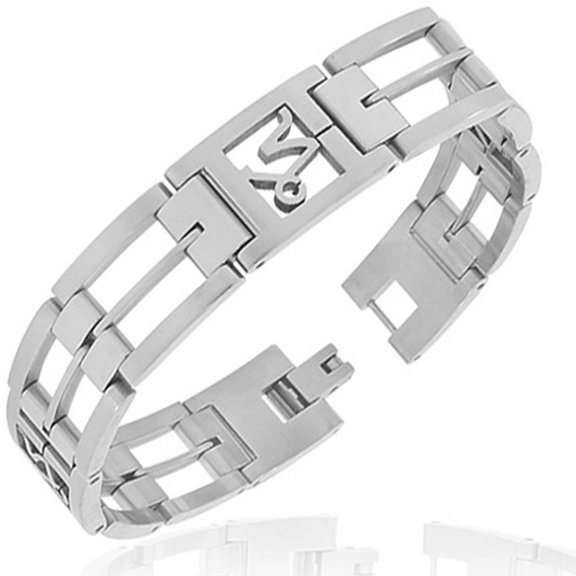 Stainless Steel Silver-Tone Link Chain Zodiac Sign Capricorn Mens Bracelet with Clasp