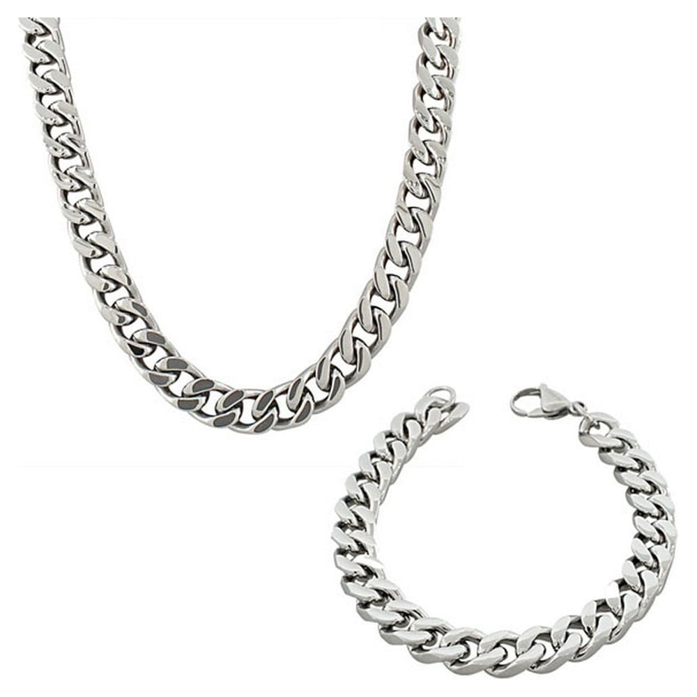 Stainless Steel Silver-Tone Mens Classic Cuban Link Chain Necklace Bracelet Set