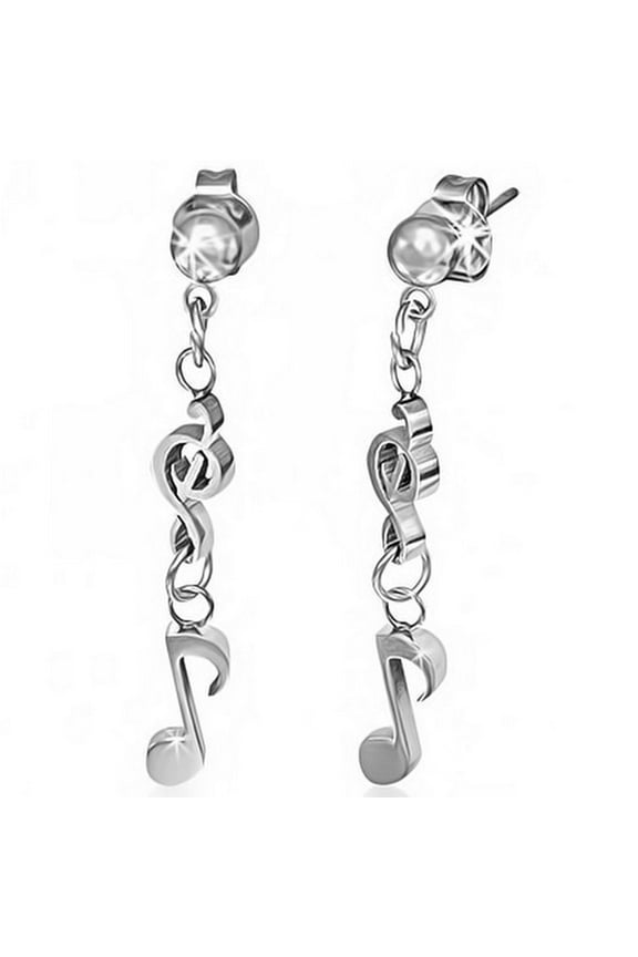Stainless Steel Silver-Tone Musical Clef Music Notes Dangle Drop Womens Earrings