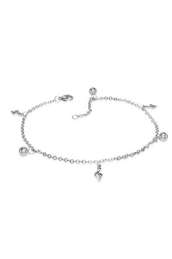 Stainless Steel Silver-Tone Musical Clef Music Womens Adjustable Anklet Bracelet