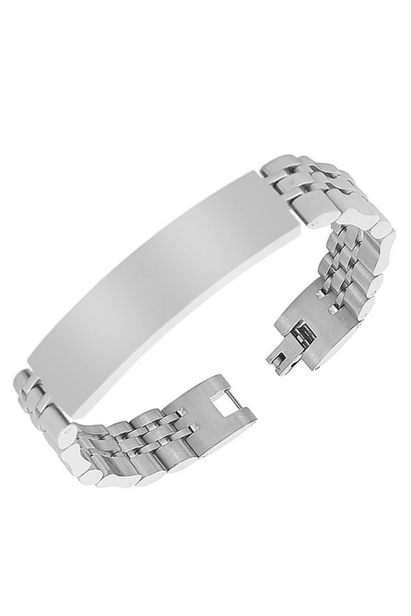 Stainless Steel Silver-Tone Name Tag Men's Link Chain Bracelet