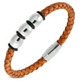thumbnail image 1 of Stainless Steel Silver-Tone Orange Leather Braided Wristband Bracelet, 8", 1 of 2