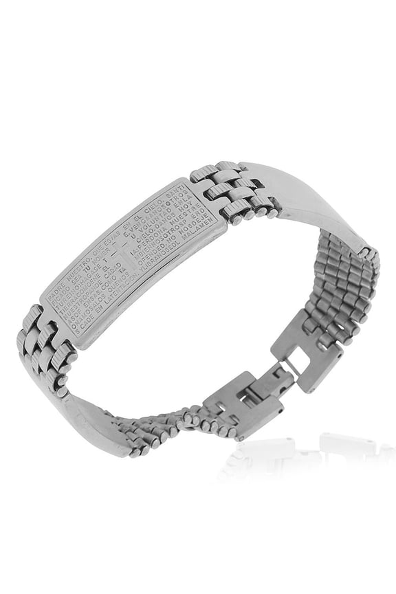 Stainless Steel Padre Nuestro Prayer in Spanish Men's Medical ID Bracelet, Silver-Tone, 8.25"