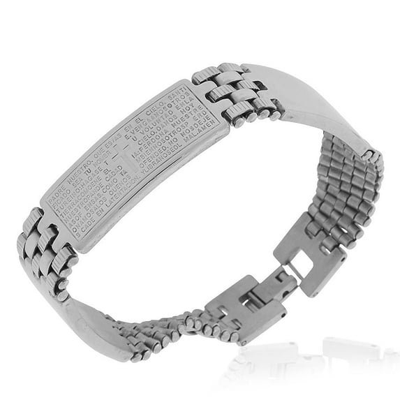 Stainless Steel Padre Nuestro Prayer in Spanish Men's Medical ID Bracelet, Silver-Tone, 8.25"