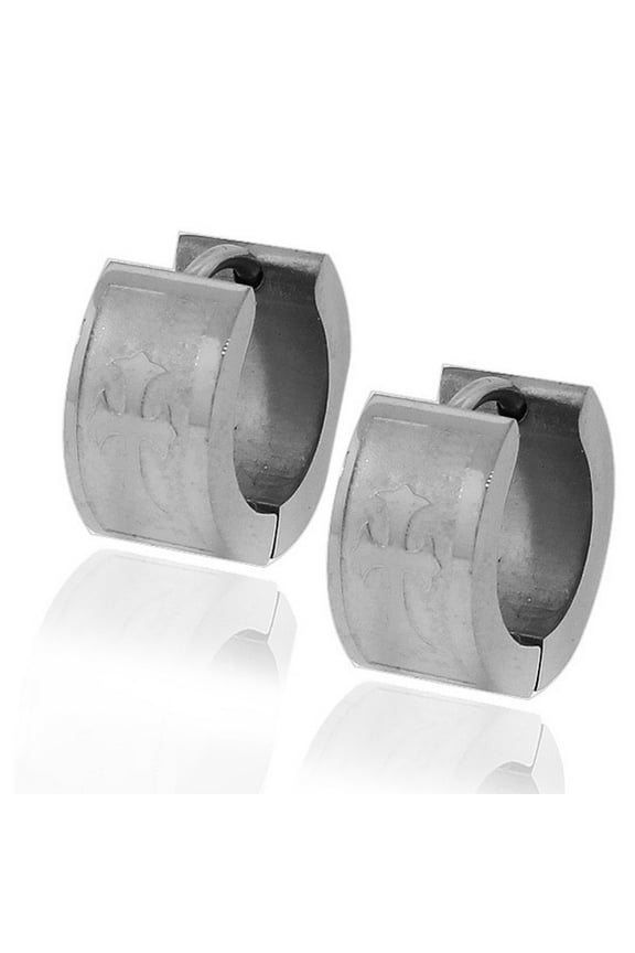 Stainless Steel Silver-Tone Polished Matte Religious Latin Cross Hoop Huggie Earrings