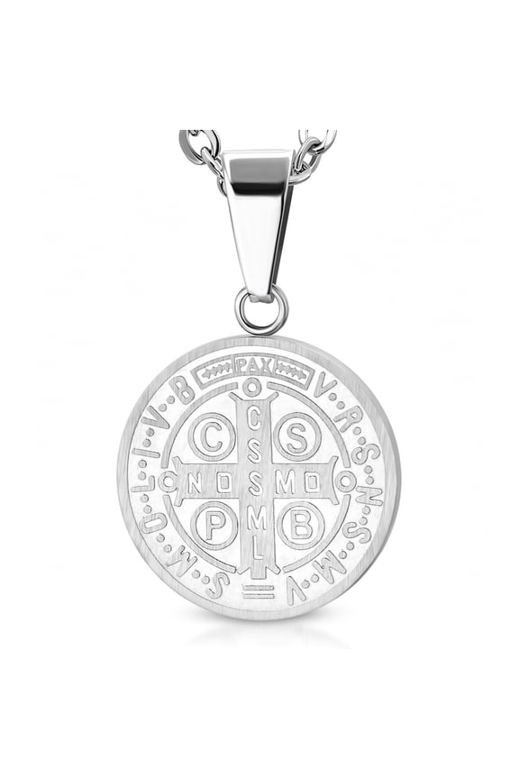 Stainless Steel Silver-Tone Religious Charm Circle Cross Pendant Necklace