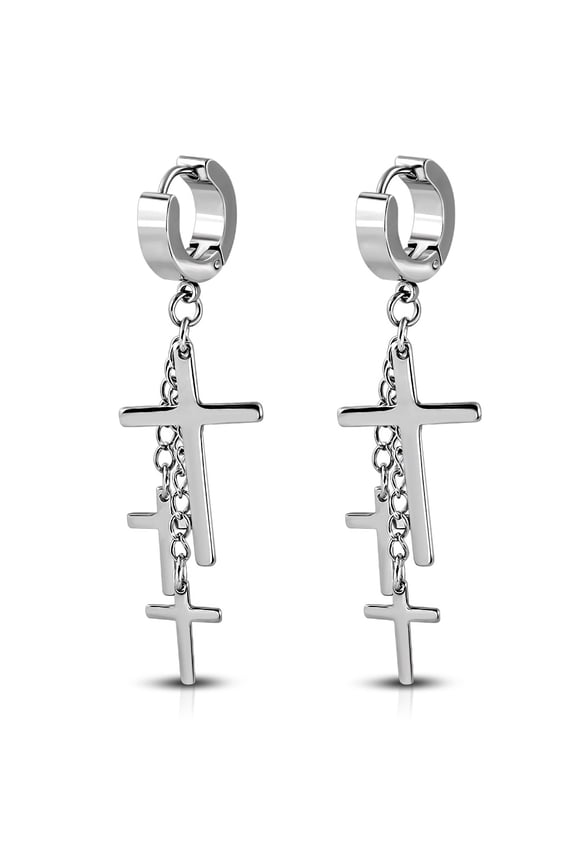 Stainless Steel Silver-Tone Religious Cross Dangle Drop Earrings, 2"