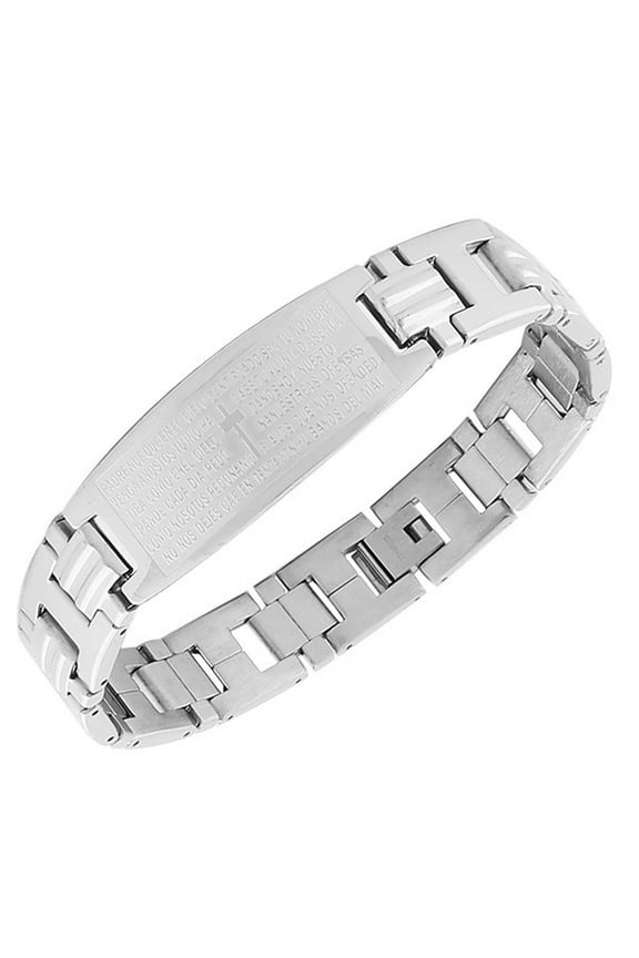 Stainless Steel Silver-Tone Religious Cross Lords Prayer Men's Chain Bracelet