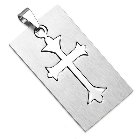 Stainless Steel Silver-Tone Religious Cutout Cross Dog Tag Pendant Necklace