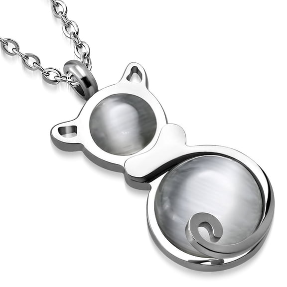 Stainless Steel Silver-Tone Simulated Gemstone Cat Animal Pendant Necklace, 16"