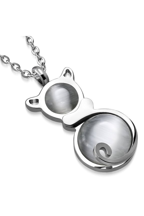 Stainless Steel Silver-Tone Simulated Gemstone Cat Animal Pendant Necklace, 16"