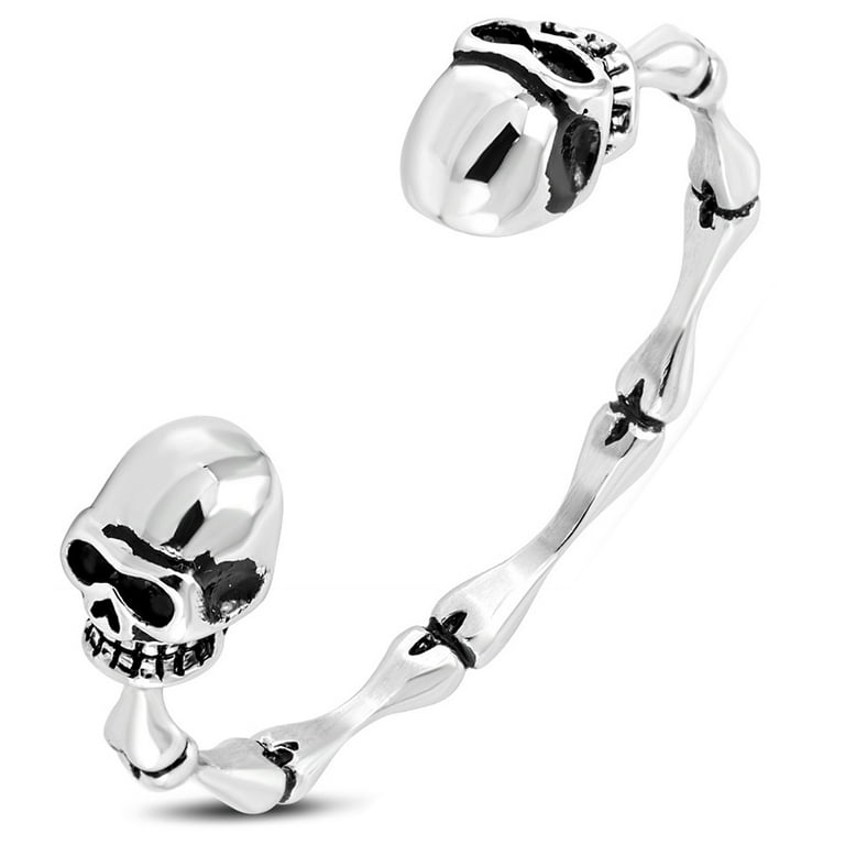 Stainless Steel Silver Tone Skull Charm Open End Bangle Bracelet